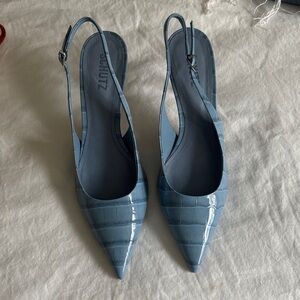SCHUTZ Light Blue Croc-Embossed Patent Slingback Pumps PAOLA